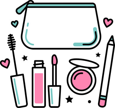 Cute hand drawn illustration of a makeup bag with various beauty products and decorative hearts and stars