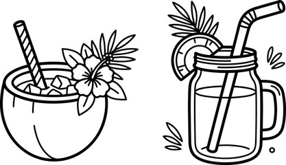 Fototapeta premium Set of two hand drawn summer tropical drinks in a coconut shell and a glass mason jar