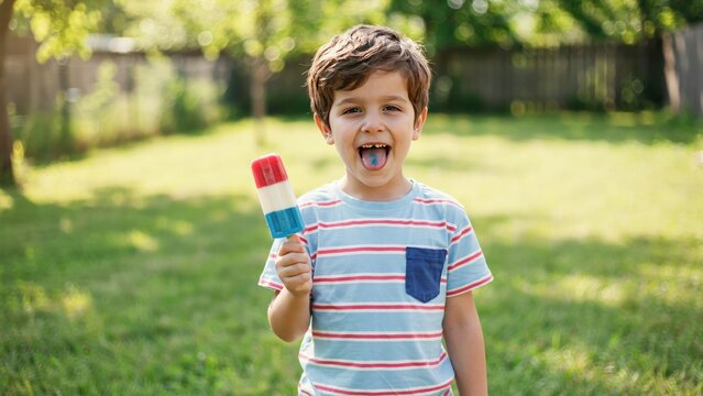 Young boy with messy hair holding a red, white, and blue popsicle in a grassy backyard
