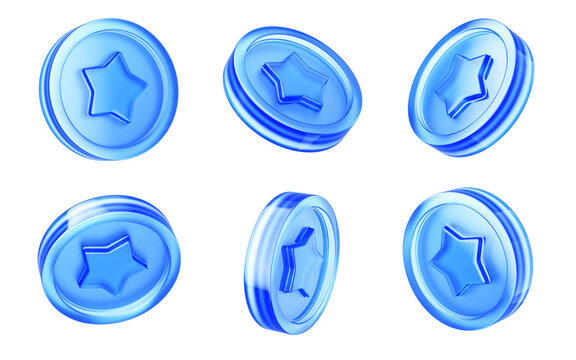 Coin with star concept. Blue glass token coin isolated on transparent background - 3d rendering