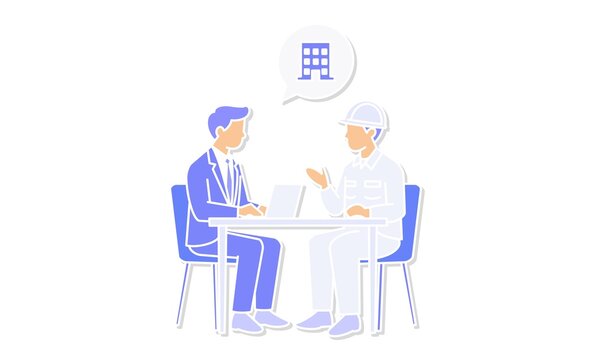 ビジネスマンと建設作業員が机を囲んで打ち合わせする異業種間のビジネスミーティング線画イラストアイコン