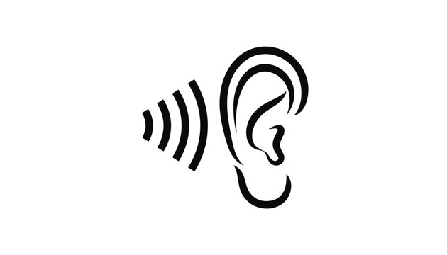 Stylized black icon of a human ear with sound waves representing hearing or listening on white background.