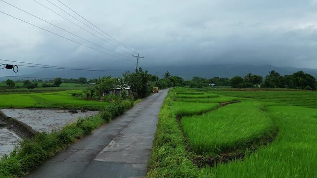 Drone footage over the agricultural countryside of Ocampo, Camarines Sur, showing expansive rice paddies, farm fields and rural settlements near Villaflorida, with Mount Isarog visible through the clo