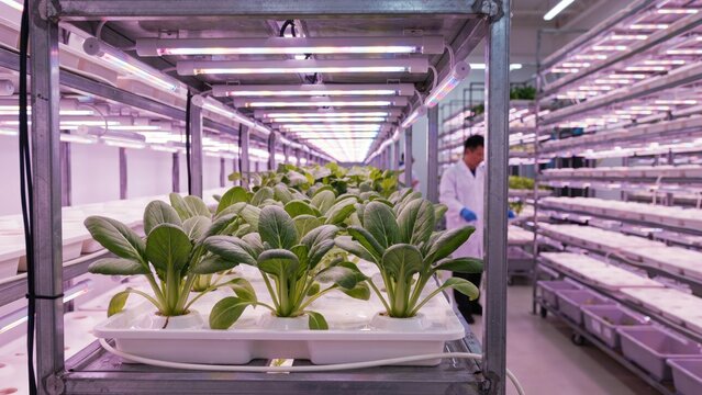 Hydroponic vertical farm with green leafy vegetables and led lighting