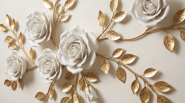Abstract white and gold rose floral sculpture pattern on light background
