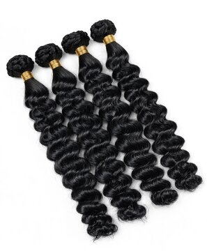 Four Black Curly Hair Extension Bundles Isolated on White