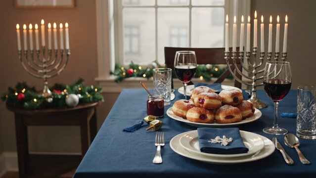 Hanukkah dinner table with menorah, sufganiyot donuts, and red wine