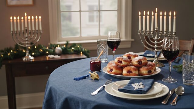 Hanukkah table setting with menorahs, sufganiyot donuts, and red wine