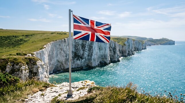 United Kingdom flag on flagpole overlooking white chalk cliffs and blue ocean under clear sky