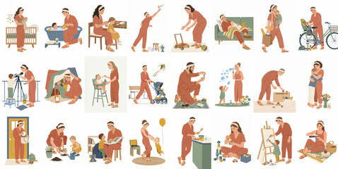Fototapeta premium Collection of flat illustrations depicting a father's daily life and bonding activities with his children, including playing, caregiving, and household chores.