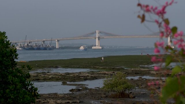Marcelo Fernan Bridge golden hour view shows the second Mactan bridge structure over shallow low tide water. A 20-second static tripod shot captures the scenic coastal environment during late afternoo