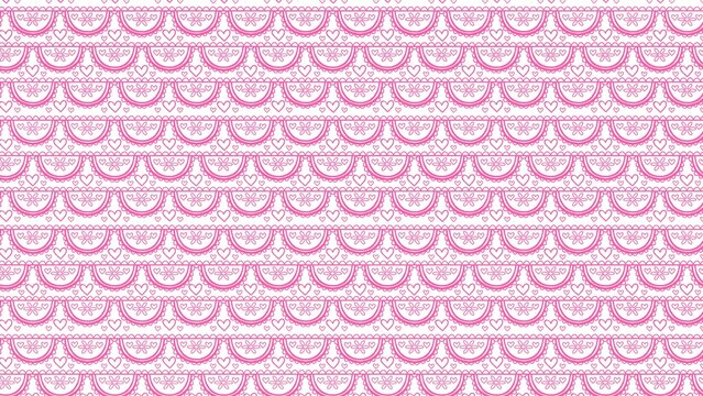 Pink lace pattern featuring decorative heart shapes and floral elements arranged in repetitive rows on a simple white background surface