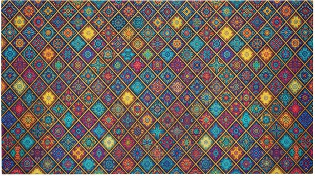 Colorful diamond pattern background illustration featuring vibrant geometric tribal ornament design