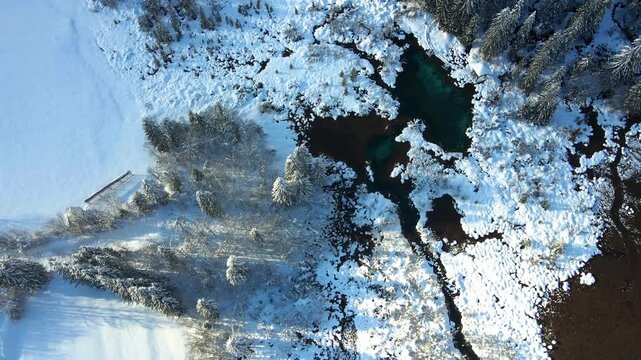 Aerial Pullback revealing Zelenci nature reserve in the snow-covered Kranjska Gora Valley, Slovenia