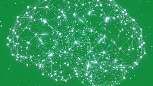 Brain network constructed from glowing nodes and connecting lines represents artificial intelligence and human thought.