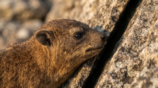Rock Hyrax Nestled: A small, furry rock hyrax with a curious expression finds shelter within a rocky crevice, its textured fur blending with the coarse stone.