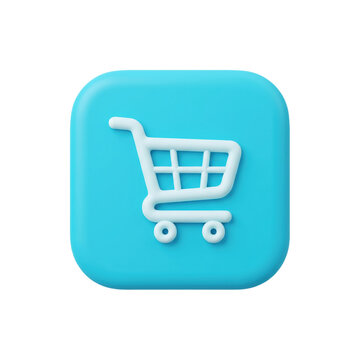 3d render of a bright blue shopping cart icon on a rounded square button, ecommerce and retail concept, animated 4k stick video isolated on transparent background