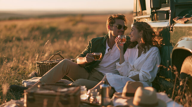 Couple enjoying a romantic sunset picnic beside their vintage car in an open field