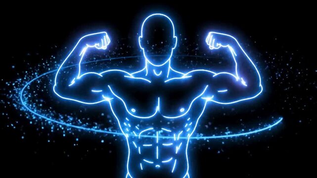 Electric Strength Silhouette, Animated neon bodybuilder logo icon for fitness centers and gyms