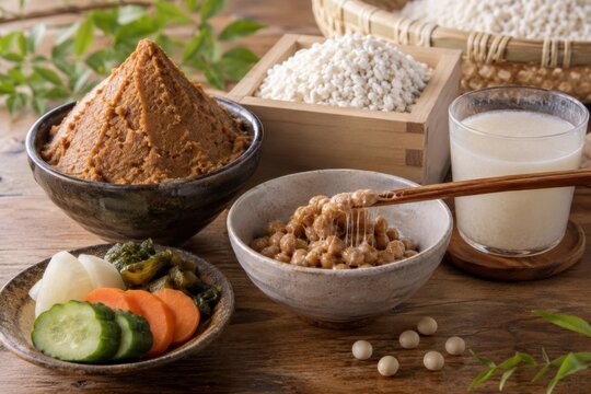 Assortment of Japanese fermented foods including miso paste, natto, rice koji and pickled vegetables arranged on a wooden table