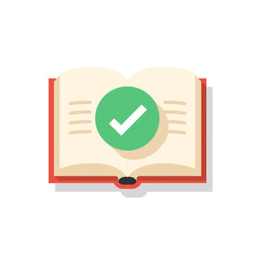 Open book icon with a green check mark symbol representing approval and finished reading or learning progress isolated on transparent background, Vector
