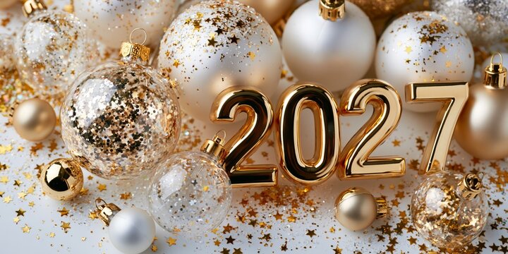 Golden 2027 numbers surrounded by festive white and gold Christmas baubles and star confetti on a white background.