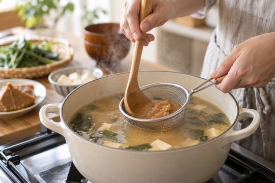 Person in an apron dissolving miso through a mesh strainer into an enamel pot on a gas stove while preparing miso soup at home