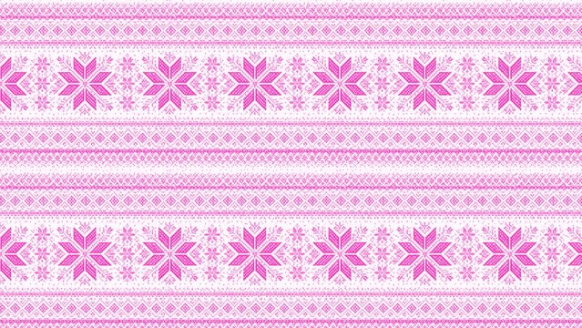 Vibrant pink pixelated snowflake pattern featuring intricate nordic inspired geometric motifs arranged in symmetrical horizontal bands for festive seasonal holiday decoration