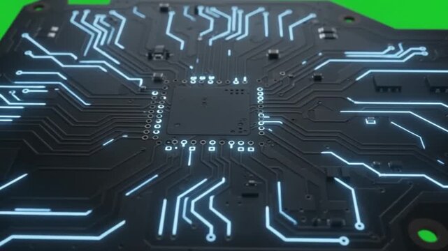 Circuit board featuring illuminated pathways and a central microchip showcases advanced electronic engineering concepts.
