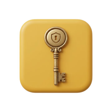 3d icon of a golden key with a shield and keyhole symbol on a yellow rounded square background, digital security concept, animated 4k stick video isolated on transparent background