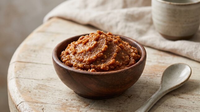 Coarse grained rice miso paste filling a dark wooden bowl on a round board beside a linen cloth, traditional Japanese fermented food concept