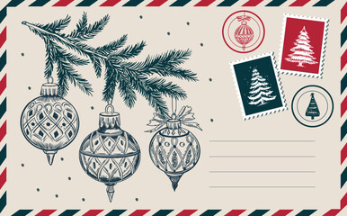 Obraz premium Christmas postcard with ball and branch tree New Year card 
