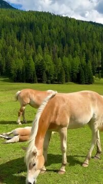 Scenic Vertical Shot Of Beautiful Haflinger Horses Grazing Green Grass In Mountain Meadow Alpine Landscape Stock Video Footage