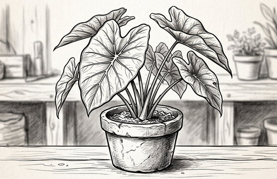 A sketch of a taro plant in a pot.