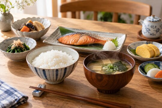 Traditional Japanese set meal with grilled salmon, steamed rice, miso soup and small side dishes on a wooden dining table, washoku concept