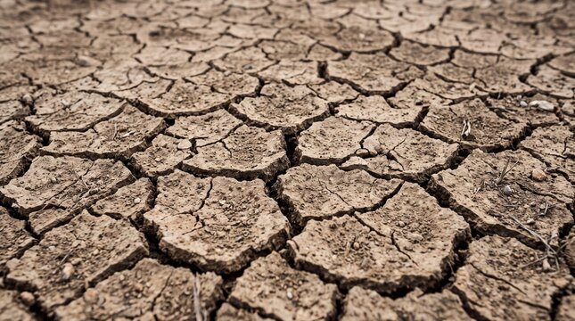 Close up of dry cracked earth soil texture under intense heat representing drought climate change and global warming environmental issues