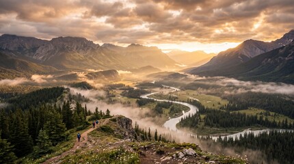 Obraz premium Breathtaking sunrise landscape of majestic mountain range with winding river misty valley and hikers on trail at golden hour