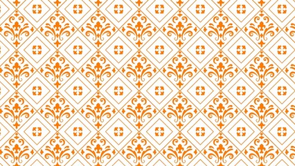 Decorative seamless pattern featuring vibrant orange damask motifs arranged in repeating diamonds over a clean and bright white background texture © Harsh