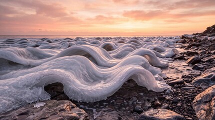 Beautiful frozen ice waves on rocky beach at sunset with orange sky and arctic winter landscape scenery © Jimy
