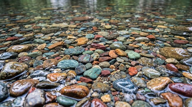 Colorful river pebbles under clear shallow water in a peaceful stream bed with natural reflections and smooth wet textures