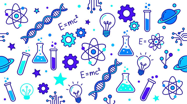 Colorful Science Doodles Seamless Pattern on White Background with Educational Formulas and Chemistry Icons