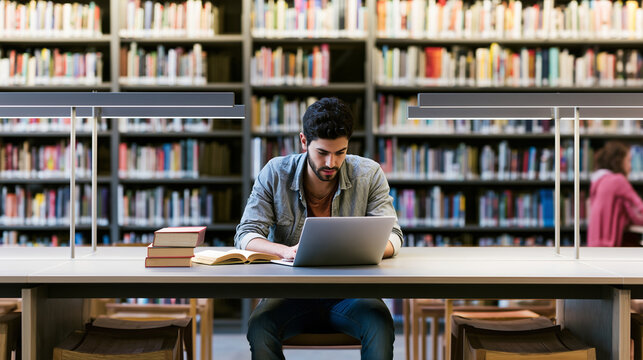 Male student working on a laptop while reading books in a quiet academic library, focused on coursework at a long desk surrounded by shelves of educational resources, university ed