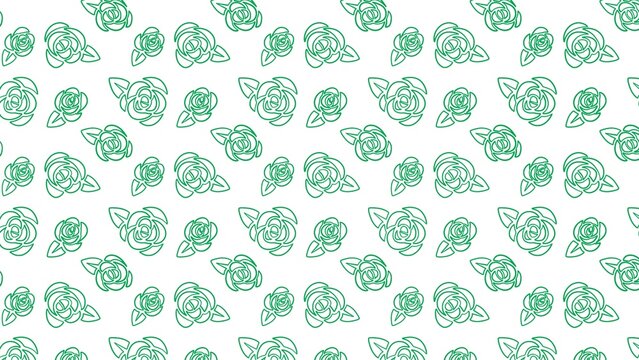 Green floral rose outlines arranged in a repetitive seamless pattern design on a crisp white background for creative wallpaper textures
