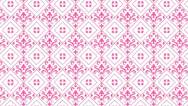 Pink damask pattern featuring elegant repeating floral motifs arranged in diamond shapes creating a soft vintage style decorative textile design background