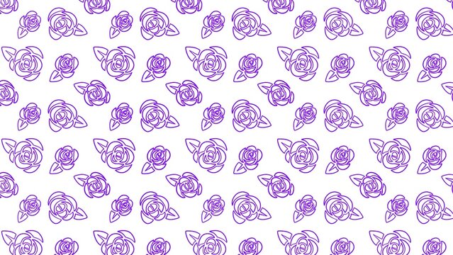 Purple outline roses arranged in a seamless repeating pattern design against a stark white background for modern minimalist textile decor
