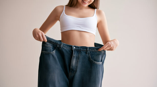 Young woman smiling while pulling the waistband of oversized jeans away from her slim waist, demonstrating visible body size reduction against a clean neutral background, weight lo