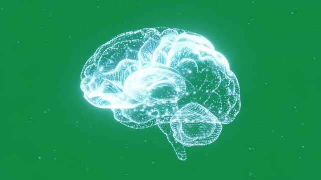 Glowing human brain hologram floating over a green background.