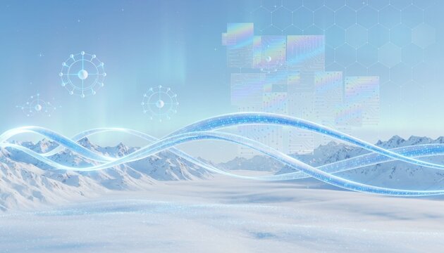 High-speed blue and white digital technology links a snowy mountain background, nano-scale cyber data, abstract communication, and cutting-edge future data technology.