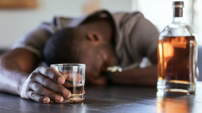 Man slumped over a table with his head down while gripping a glass of whiskey, bottle standing nearby as he appears exhausted after drinking, alcohol abuse, excessive drinking, int