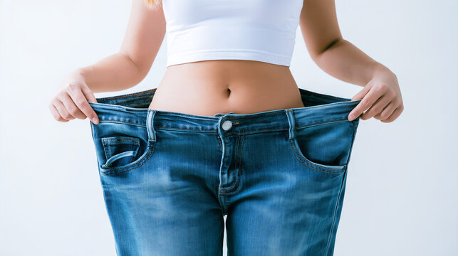 Slim woman in a white crop top showing loose-fitting jeans after successful weight reduction, holding the waistband outward with both hands and smiling confidently, weight manageme